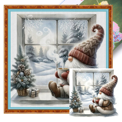 Gnome By The Window In Winter - 11CT Stamped Cross Stitch 40*40CM