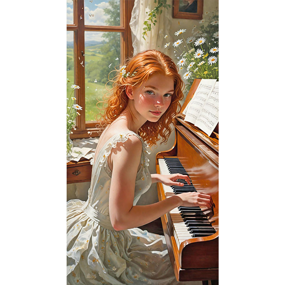 Woman Playing Piano - Full Round Drill Diamond Painting 40*75CM