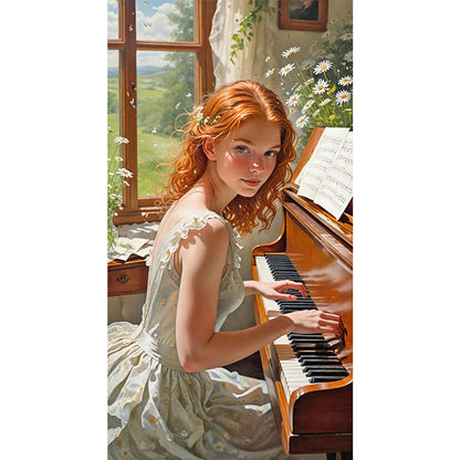 Woman Playing Piano - Full Round Drill Diamond Painting 40*75CM