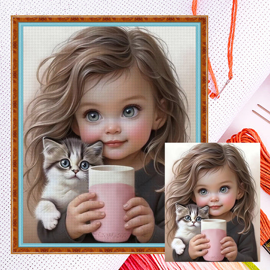 Little Girl And Kitten - 11CT Counted Cross Stitch 40*50CM