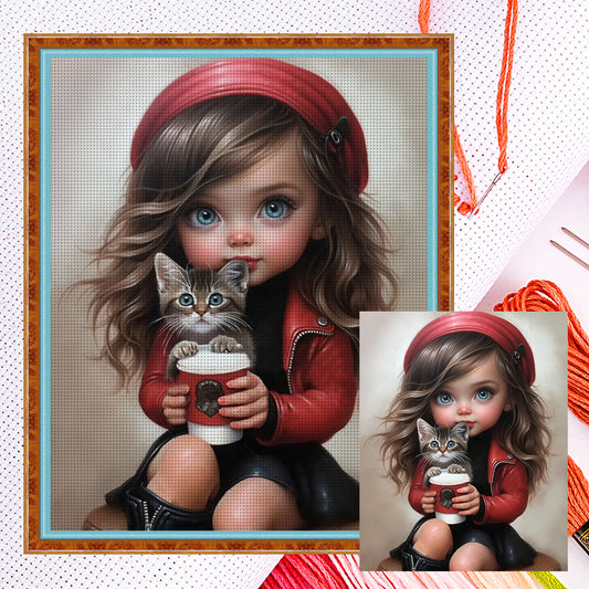 Little Girl And Coffee Kitten - 11CT Counted Cross Stitch 40*50CM