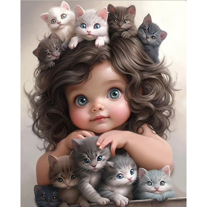 Little Girl And Many Cats - 11CT Counted Cross Stitch 40*50CM