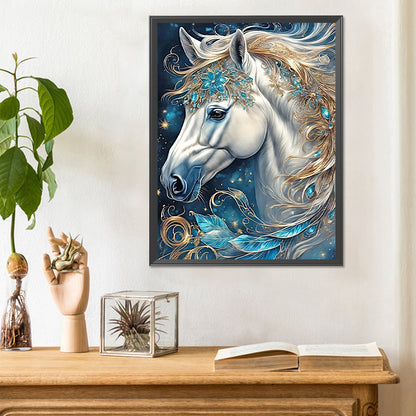 White Horse Head With Sapphire Decoration - Full Round Drill Diamond Painting 30*40CM