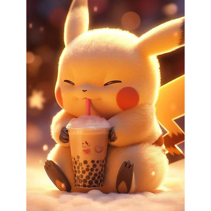 Pikachu Drinking Milk Tea - Full Round Drill Diamond Painting 30*40CM