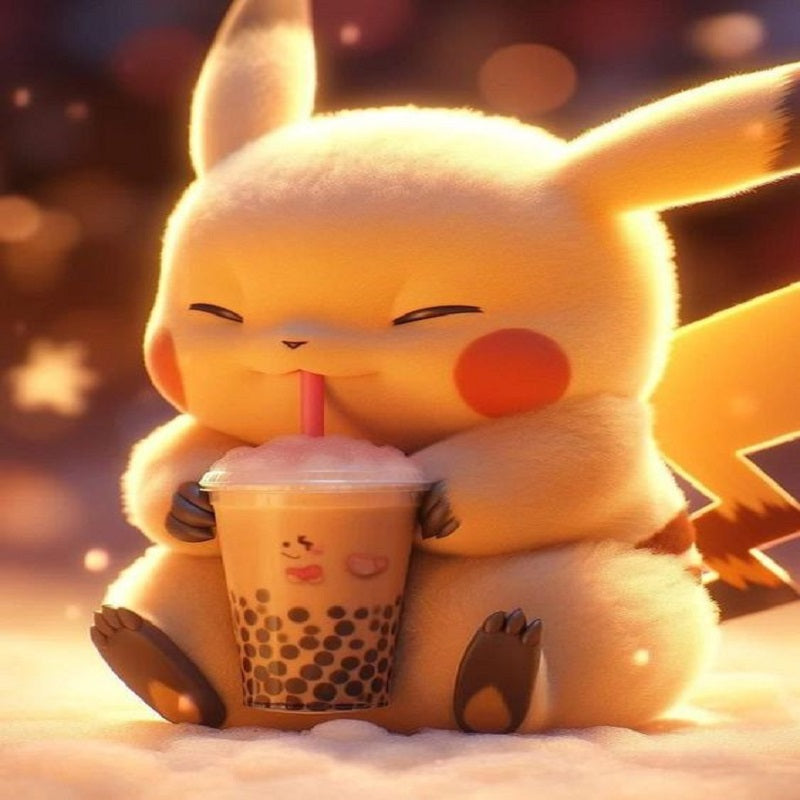 Pikachu Drinking Milk Tea - Full Round Drill Diamond Painting 30*40CM