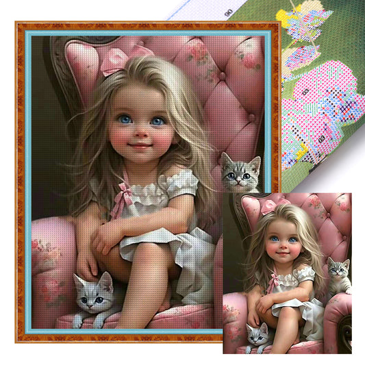 Little Girl And Kitten - 11CT Stamped Cross Stitch 40*50CM