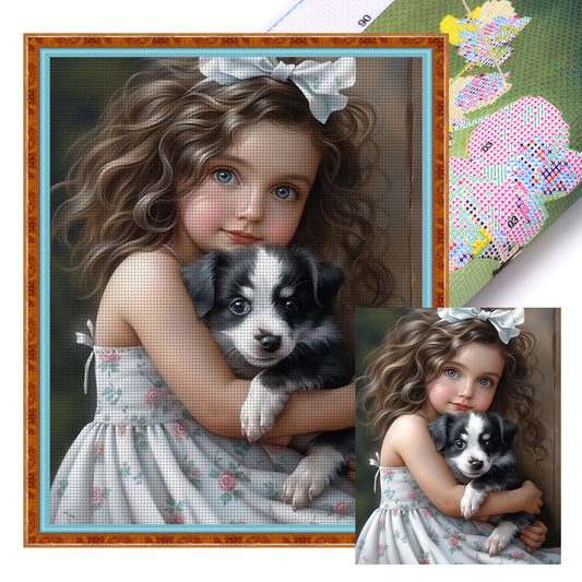 Little Girl And Puppy - 11CT Stamped Cross Stitch 40*50CM