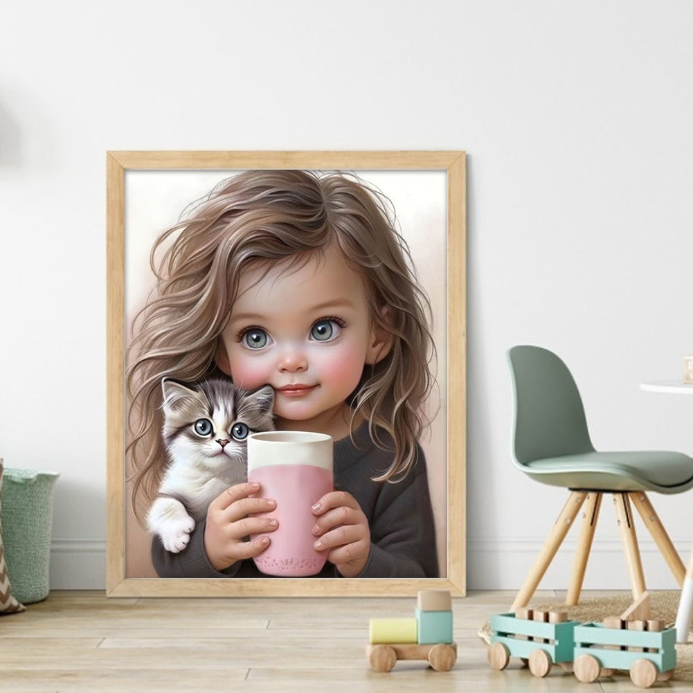 Little Girl And Kitten - 11CT Stamped Cross Stitch 40*50CM