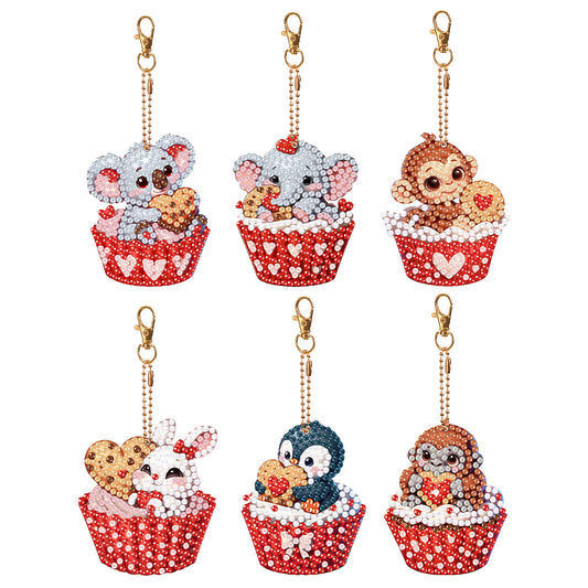 6 Pcs Double Sided Special Shape Diamond Art Keyring Cute Animal for Home Decor