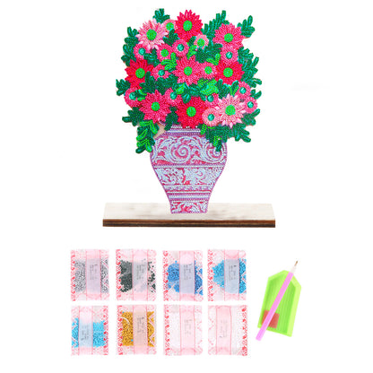 Special Shape Single-Side Desktop Diamond Art Decor (Pink Vase With Flowers)