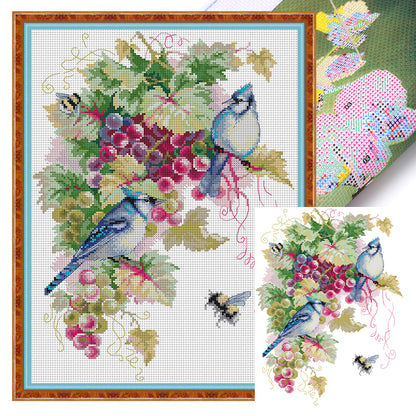 Blue Jay And Grapes - 14CT Stamped Cross Stitch 32*43CM(Joy Sunday)