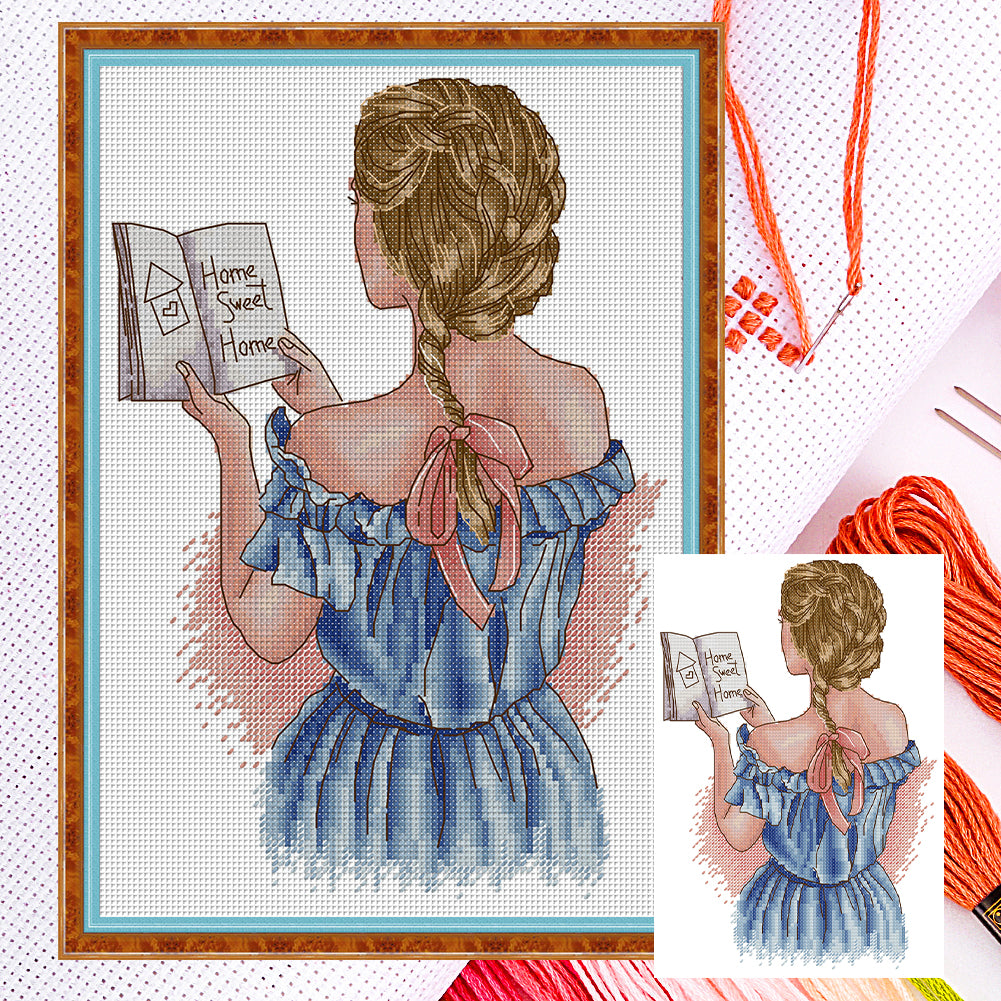 The Back View Of A Girl Reading A Book - 14CT Stamped Cross Stitch 21*31CM(Joy Sunday)