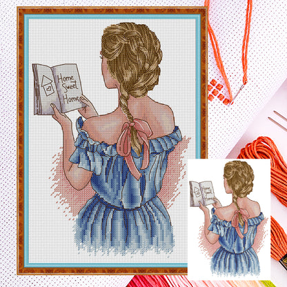 The Back View Of A Girl Reading A Book - 14CT Stamped Cross Stitch 21*31CM(Joy Sunday)