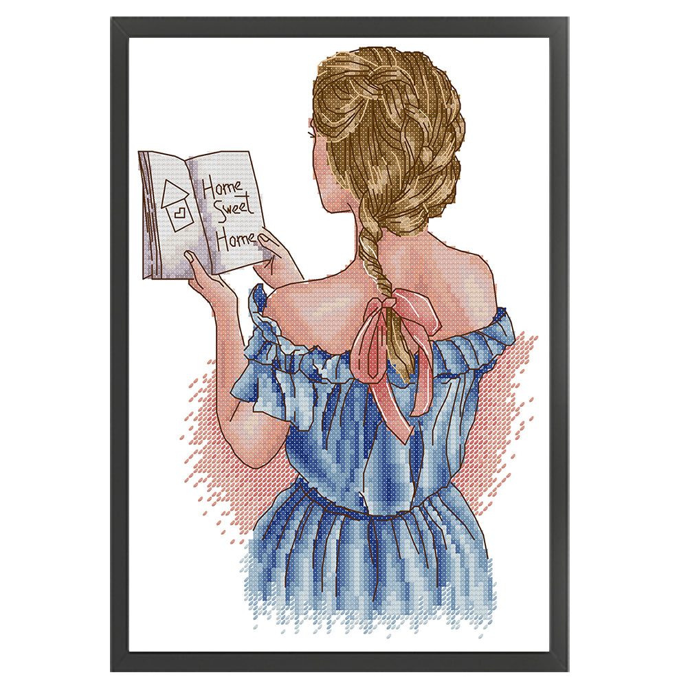 The Back View Of A Girl Reading A Book - 14CT Stamped Cross Stitch 21*31CM(Joy Sunday)