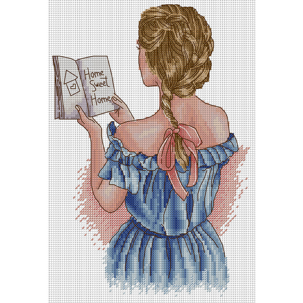 The Back View Of A Girl Reading A Book - 14CT Stamped Cross Stitch 21*31CM(Joy Sunday)