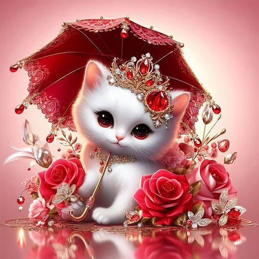 Royal White Cat With Roses - Full Round Drill Diamond Painting 30*30CM