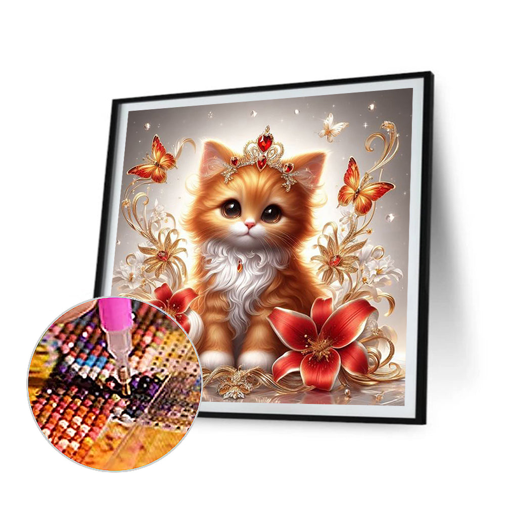 Royal Orange Cat With Flowers And Butterflies - Full Round Drill Diamond Painting 30*30CM