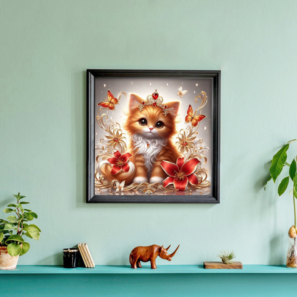 Royal Orange Cat With Flowers And Butterflies - Full Round Drill Diamond Painting 30*30CM