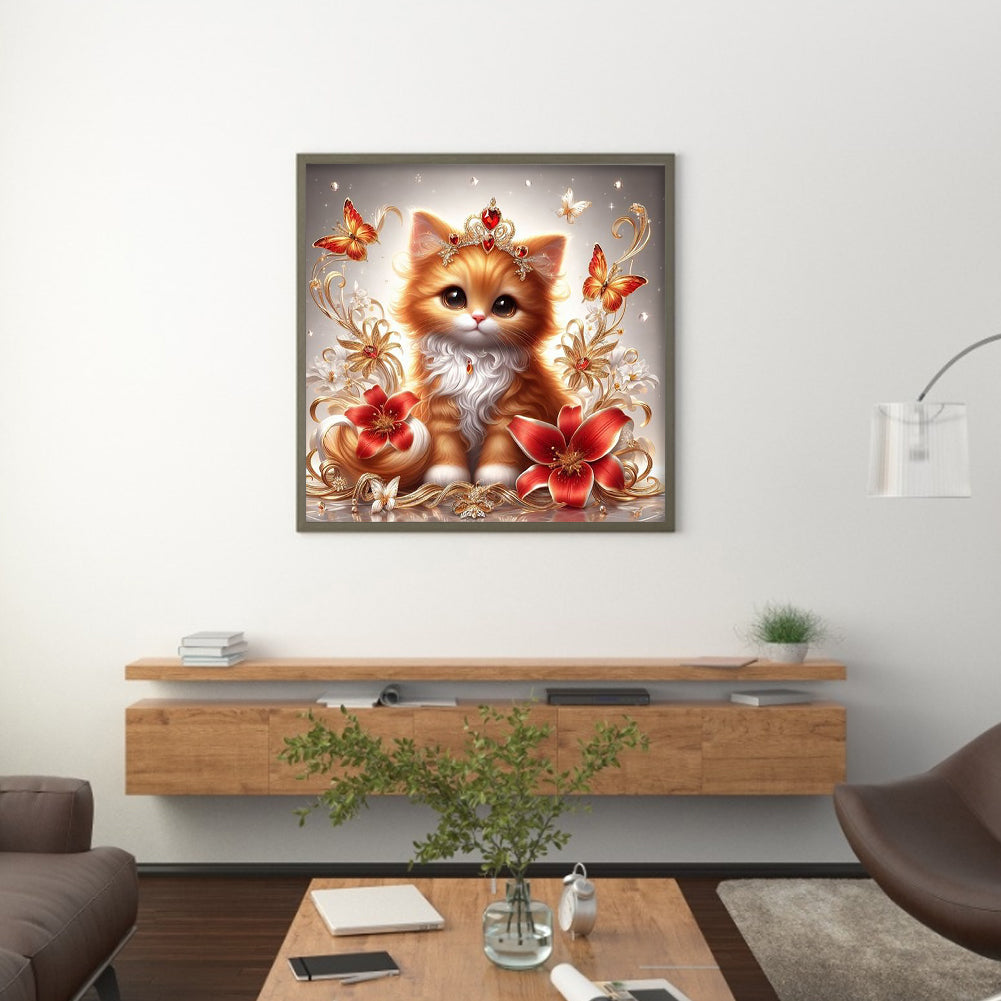 Royal Orange Cat With Flowers And Butterflies - Full Round Drill Diamond Painting 30*30CM