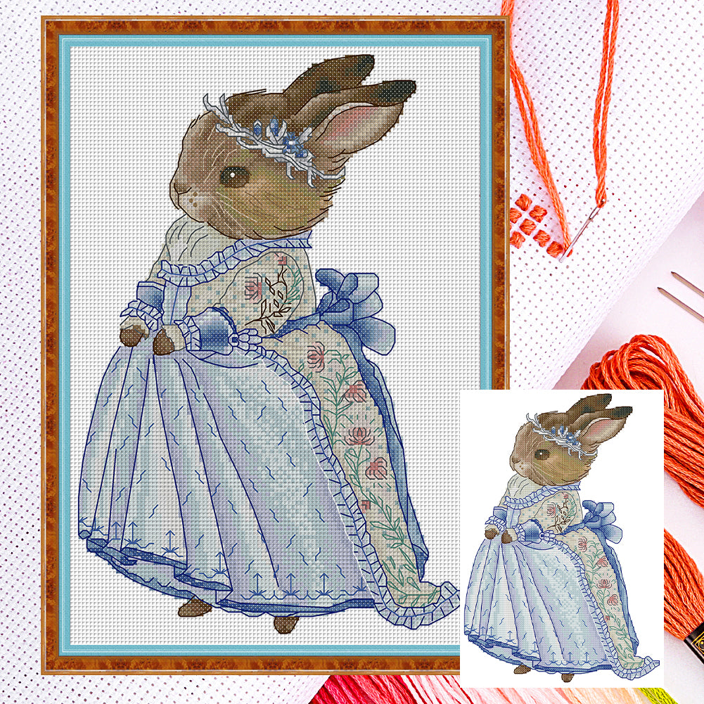 Rabbit In Blue Dress - 14CT Stamped Cross Stitch 22*32CM(Joy Sunday)