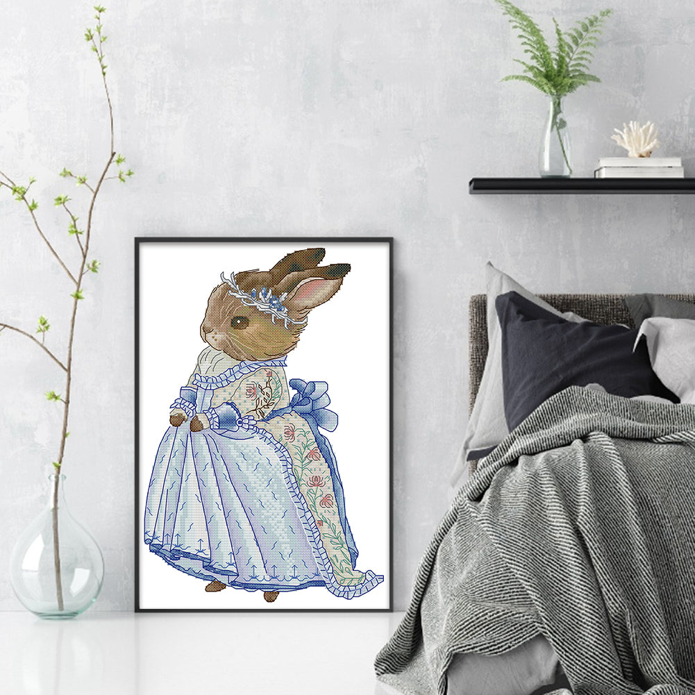 Rabbit In Blue Dress - 14CT Stamped Cross Stitch 22*32CM(Joy Sunday)