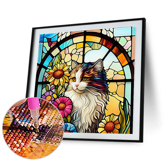 Glass Painting Of Cats And Flowers - Full Round Drill Diamond Painting 30*30CM