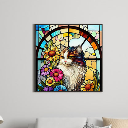 Glass Painting Of Cats And Flowers - Full Round Drill Diamond Painting 30*30CM