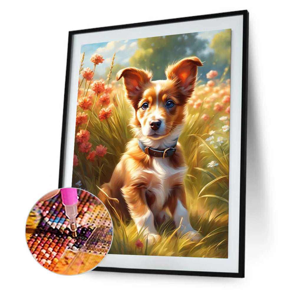 Puppy In Grass - Full Round Drill Diamond Painting 30*40CM