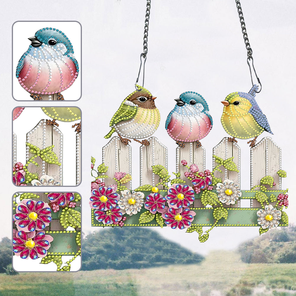 Single Side Bird Diamond Art Hanging Pendant for Home Wall Decor (Bird on Fence)