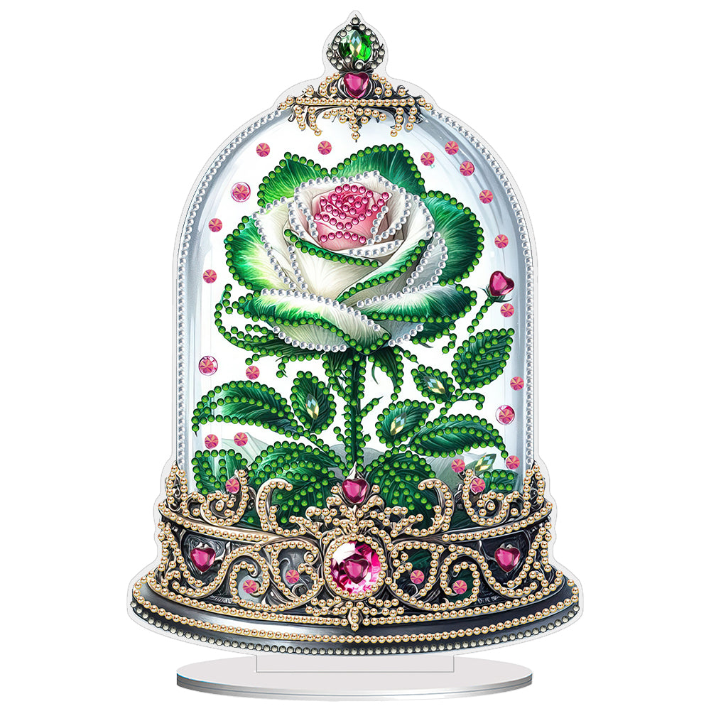 Special Shape Rose Crystal Box Desktop 5D Diamond Painting Art (Green White)