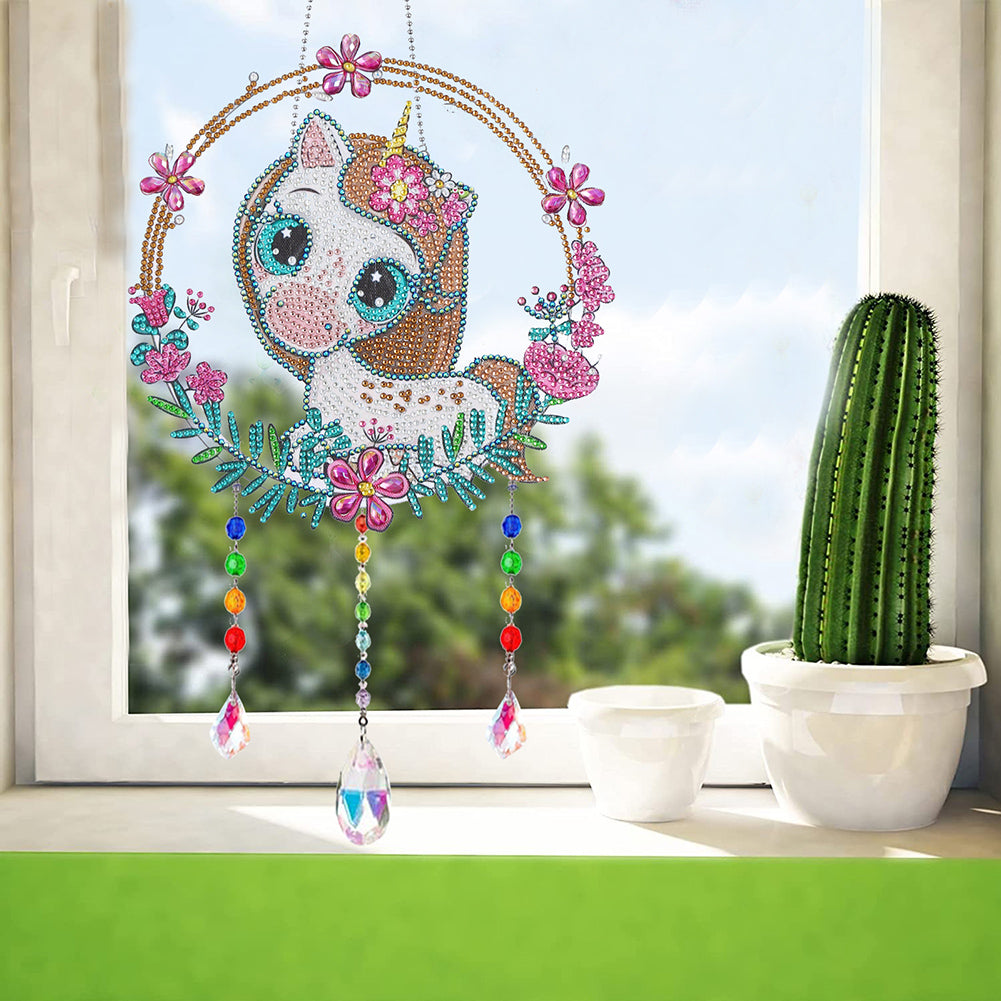 Animal Wind Chimes Cute White Unicorn Diamond Crystal Painting Wall Ornaments