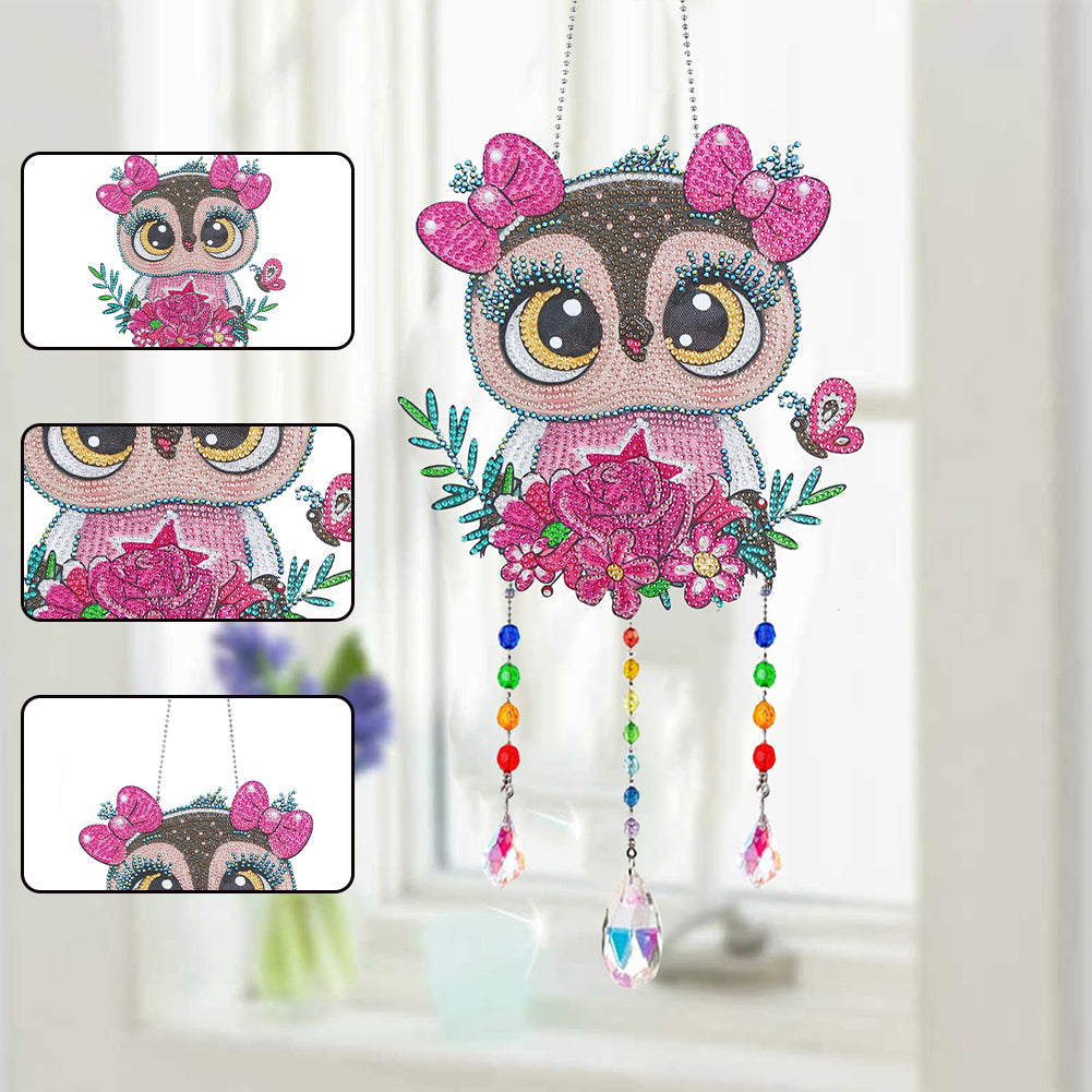 Animal Wind Chimes Cute Owl Diamond Crystal Painting Ornaments Art Wall Decor