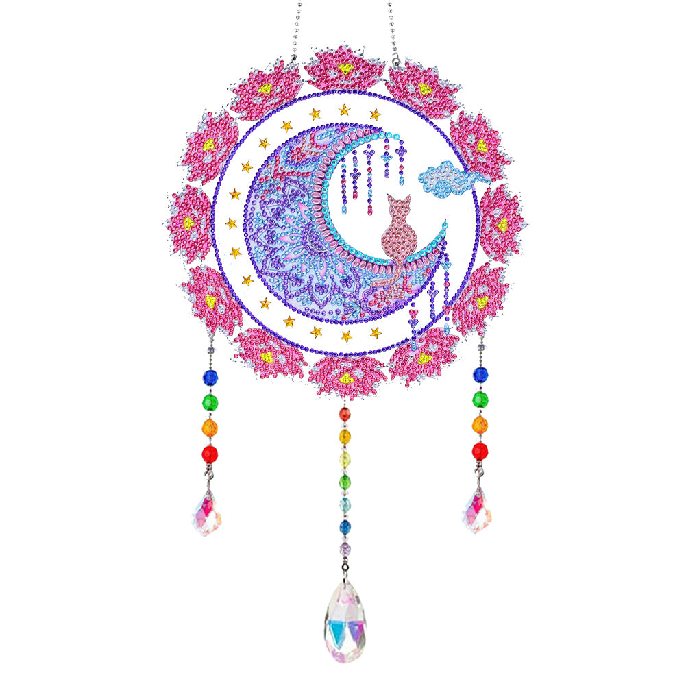 Animal Wind Chimes Cat Flower on Moon Diamond Crystal Painting Home Ornament