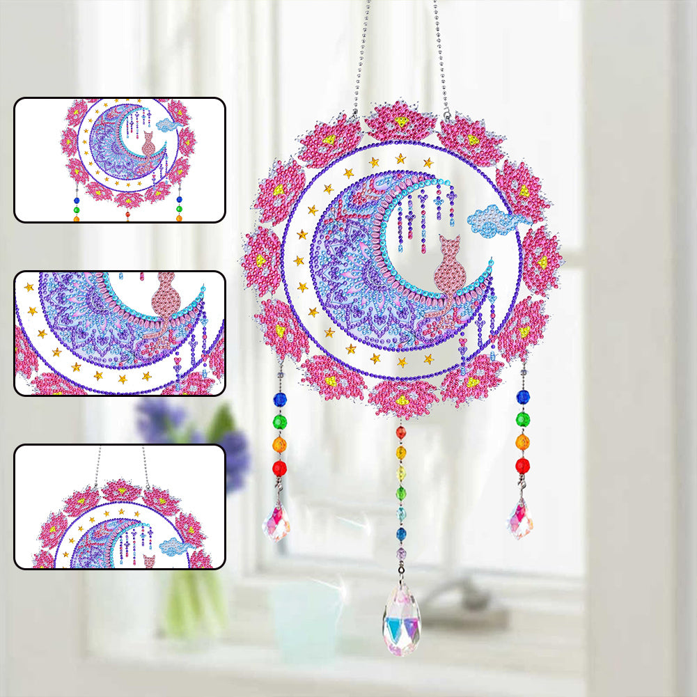 Animal Wind Chimes Cat Flower on Moon Diamond Crystal Painting Home Ornament