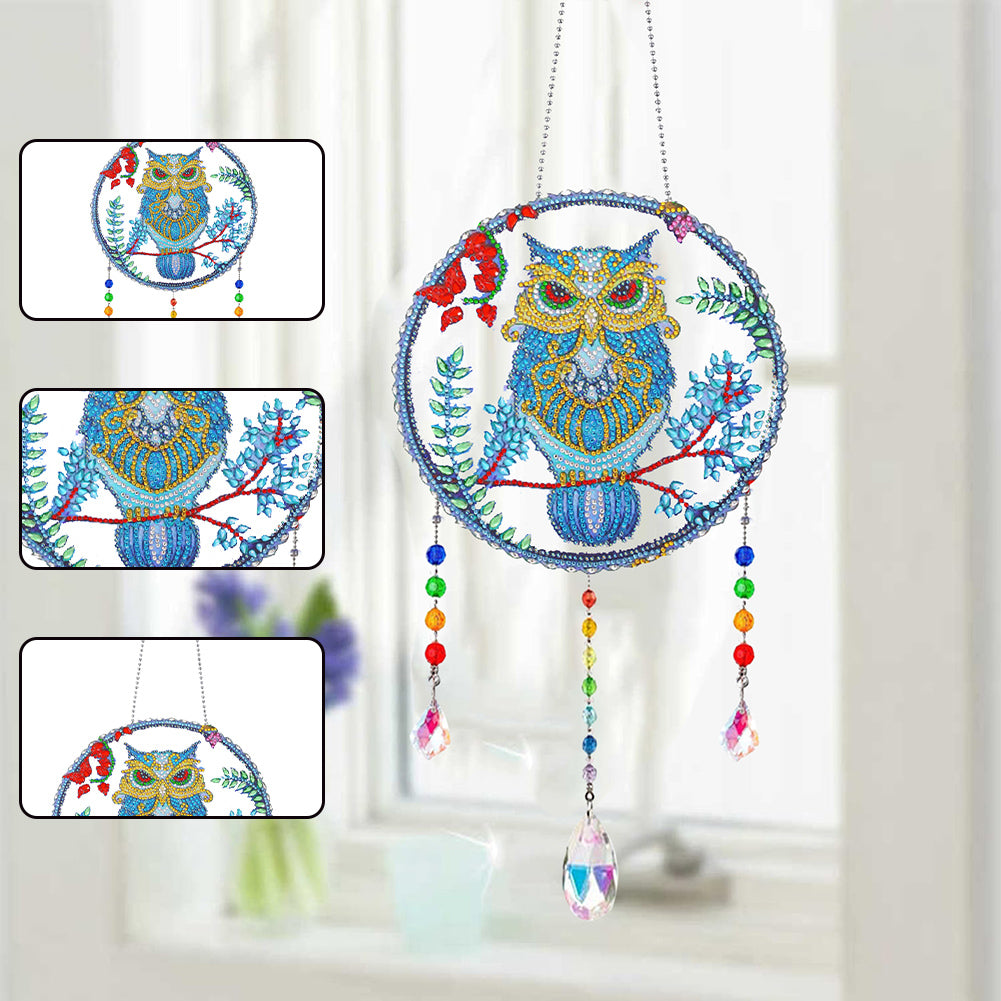 Animal Wind Chimes Mysterious Owl On Branch Diamond Crystal Painting Ornament