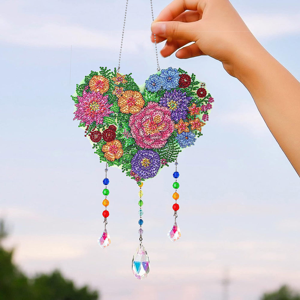 Flower Wind Chimes Heart Diamond Crystal Painting Ornaments for Home Wall Decor