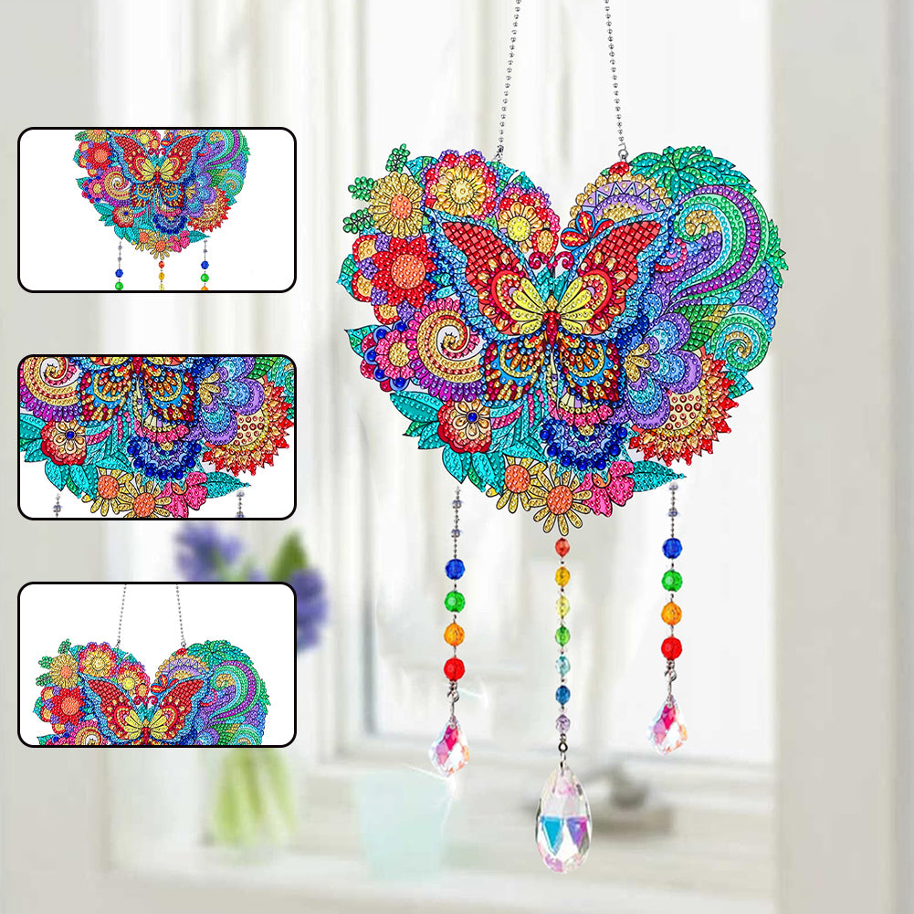 Flower Wind Chimes Heart Diamond Crystal Painting Ornaments for Home Wall Decor