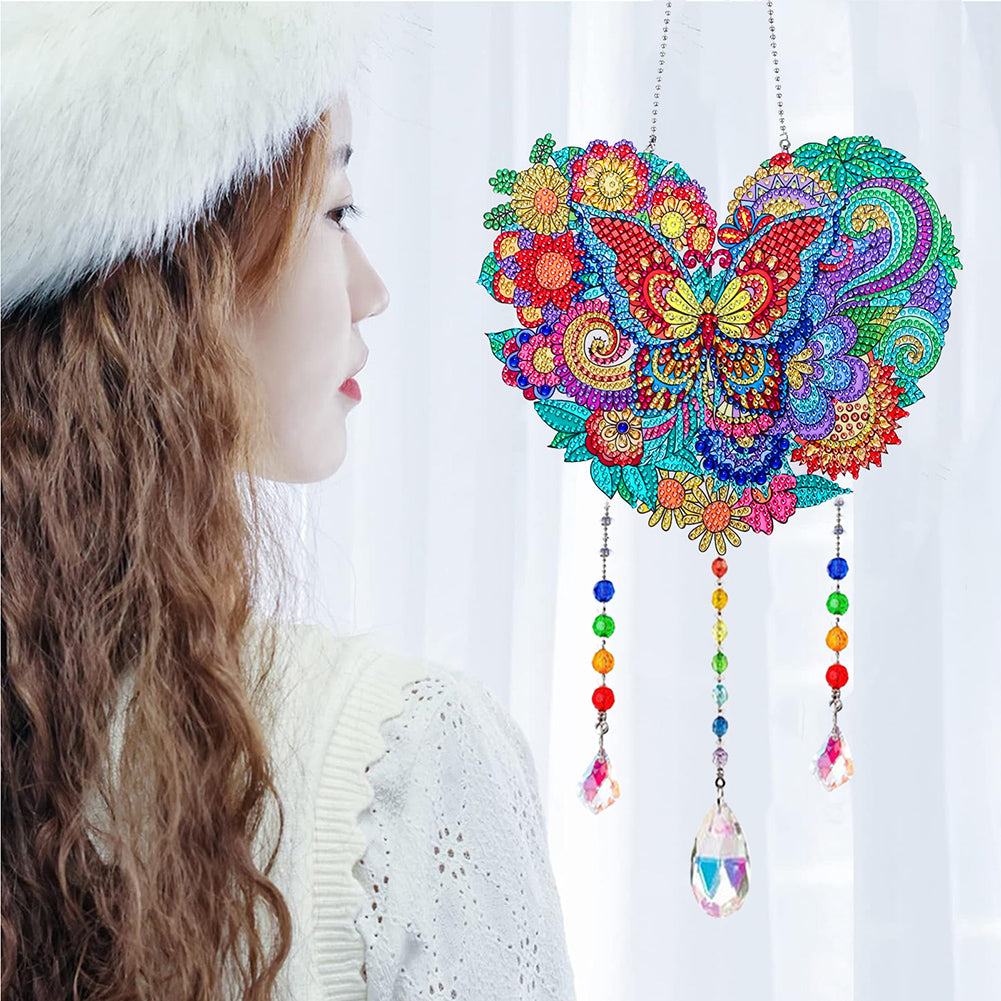 Flower Wind Chimes Heart Diamond Crystal Painting Ornaments for Home Wall Decor