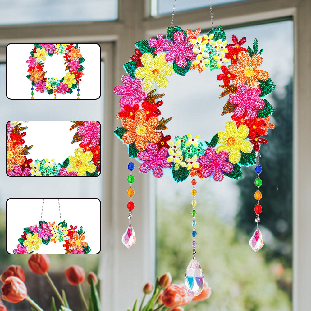 Flower Wind Chimes Wreath Diamond Crystal Painting Ornament for Home Wall Decor