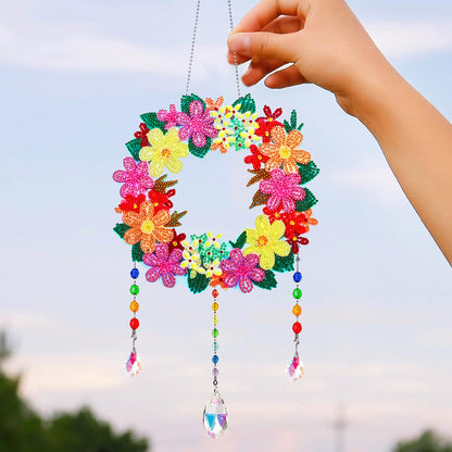 Flower Wind Chimes Wreath Diamond Crystal Painting Ornament for Home Wall Decor