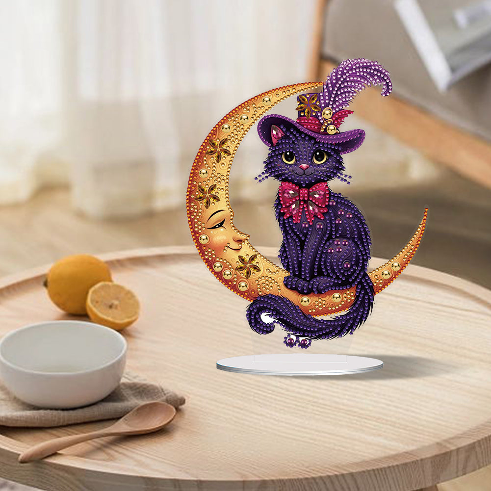 Special Shape Cat on Moon Desktop Diamond Painting for Adult Home Decor (Purple)