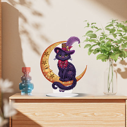 Special Shape Cat on Moon Desktop Diamond Painting for Adult Home Decor (Purple)