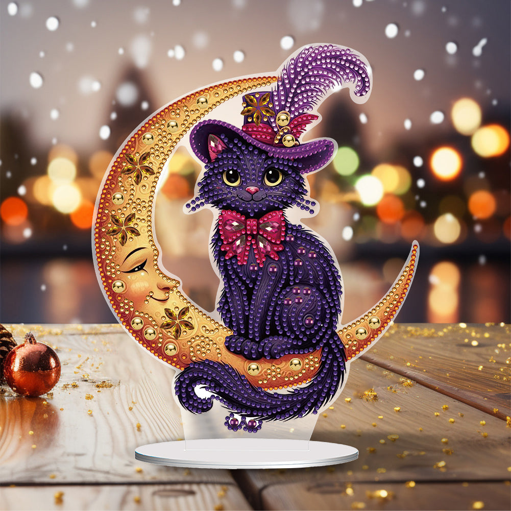 Special Shape Cat on Moon Desktop Diamond Painting for Adult Home Decor (Purple)