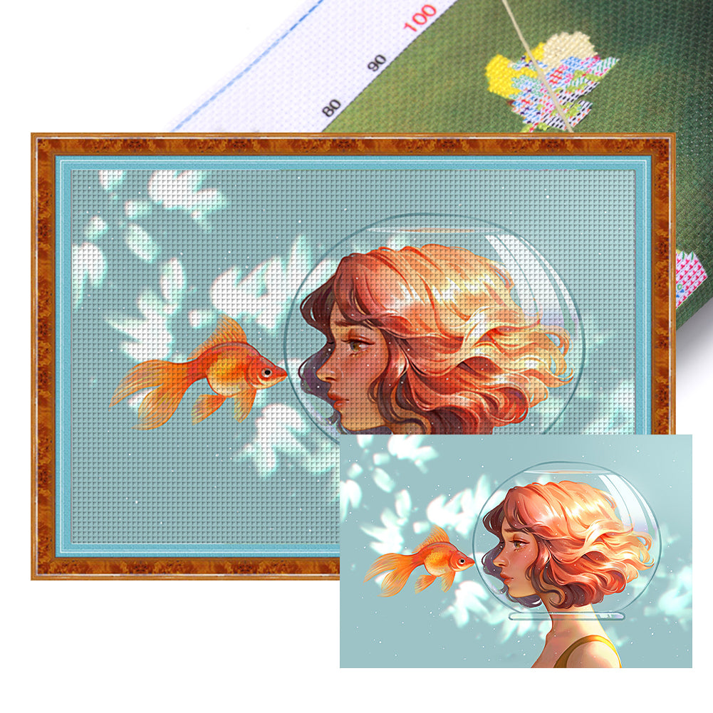 Girl And Goldfish - 11CT Stamped Cross Stitch 70*50CM