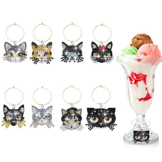 8 Pcs Cat Diamond Painting Kit Wine Glass Recognizer Pendant Wine Glass Marker