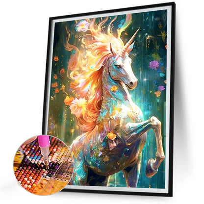 Flowers And Unicorns In The Forest - Full Round Drill Diamond Painting 30*40CM