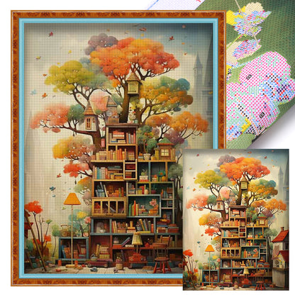 Bookshelf Under Tree - 11CT Stamped Cross Stitch 50*65CM