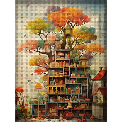 Bookshelf Under Tree - 11CT Stamped Cross Stitch 50*65CM