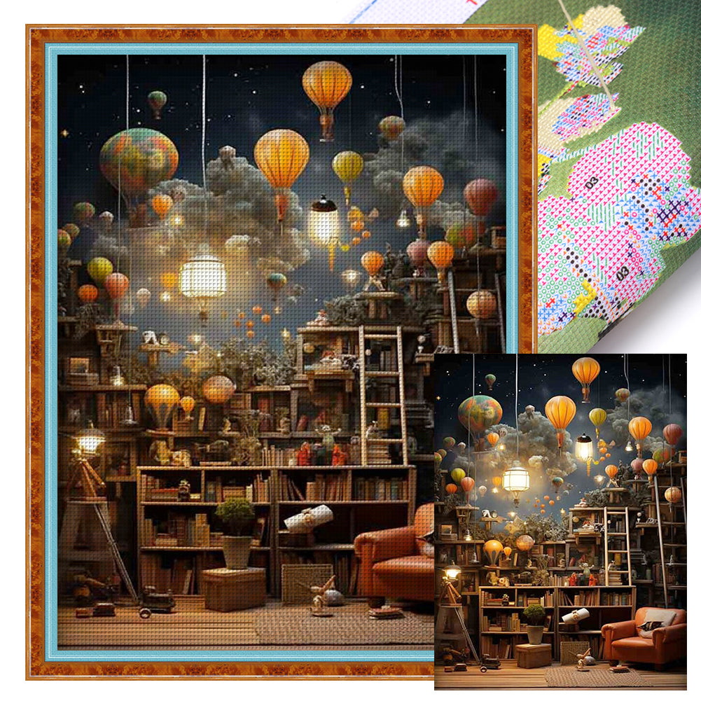 Hot Air Balloon Bookshelf - 11CT Stamped Cross Stitch 50*65CM