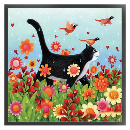 Black Cat With Flowers And Grass - 11CT Stamped Cross Stitch 50*50CM